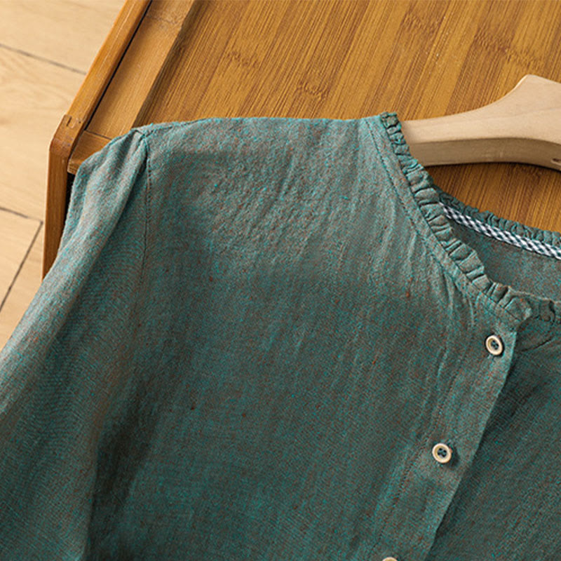 Camicia da donna con scollo rotondo e volant, tinta unita, con motivo Buddha Stones stampa primaverile. - image 2