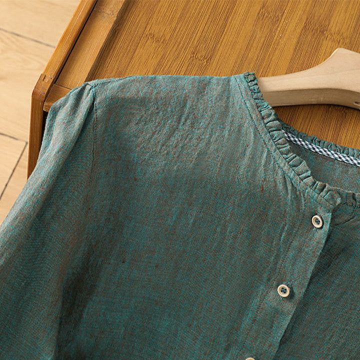 Camicia da donna con scollo rotondo e volant, tinta unita, con motivo Buddha Stones stampa primaverile. - image 2