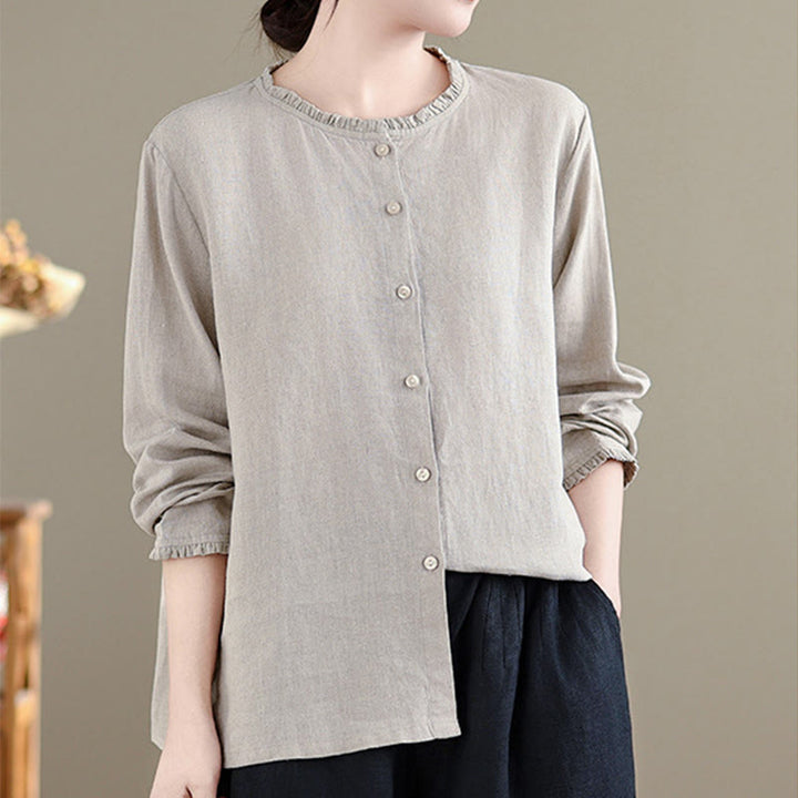 Camicia da donna con scollo rotondo e volant, tinta unita, con motivo Buddha Stones stampa primaverile. - image 10
