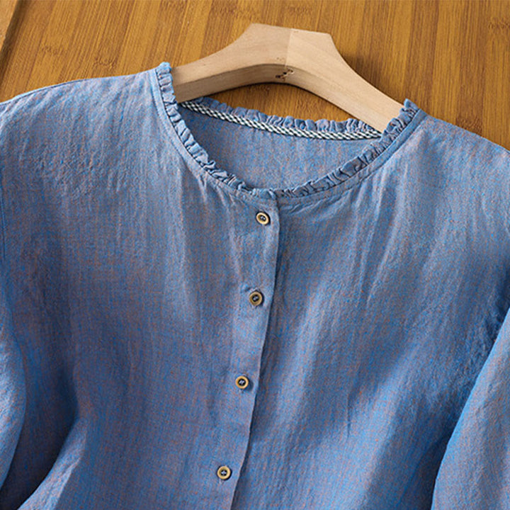 Camicia da donna con scollo rotondo e volant, tinta unita, con motivo Buddha Stones stampa primaverile. - image 17