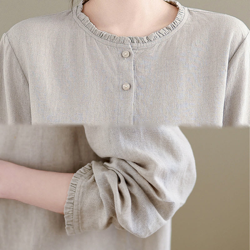 Camicia da donna con scollo rotondo e volant, tinta unita, con motivo Buddha Stones stampa primaverile. - image 15