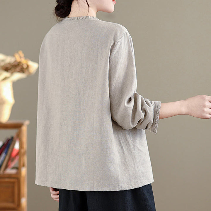 Camicia da donna con scollo rotondo e volant, tinta unita, con motivo Buddha Stones stampa primaverile. - image 7