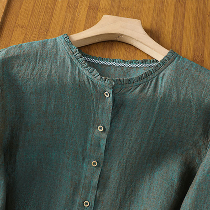 Camicia da donna con scollo rotondo e volant, tinta unita, con motivo Buddha Stones stampa primaverile. - image 1