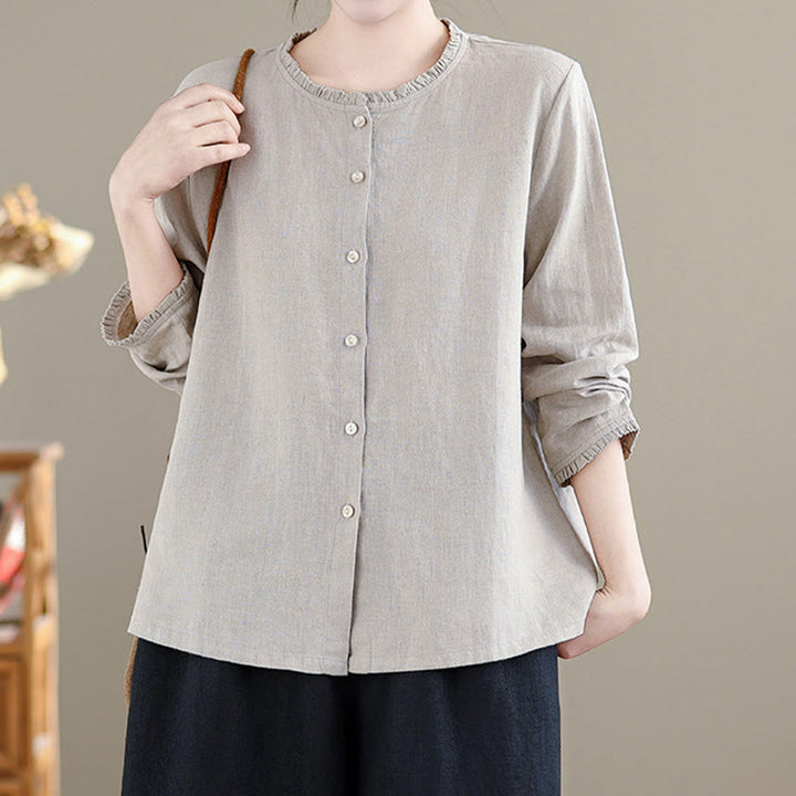 Camicia da donna con scollo rotondo e volant, tinta unita, con motivo Buddha Stones stampa primaverile. - image 12