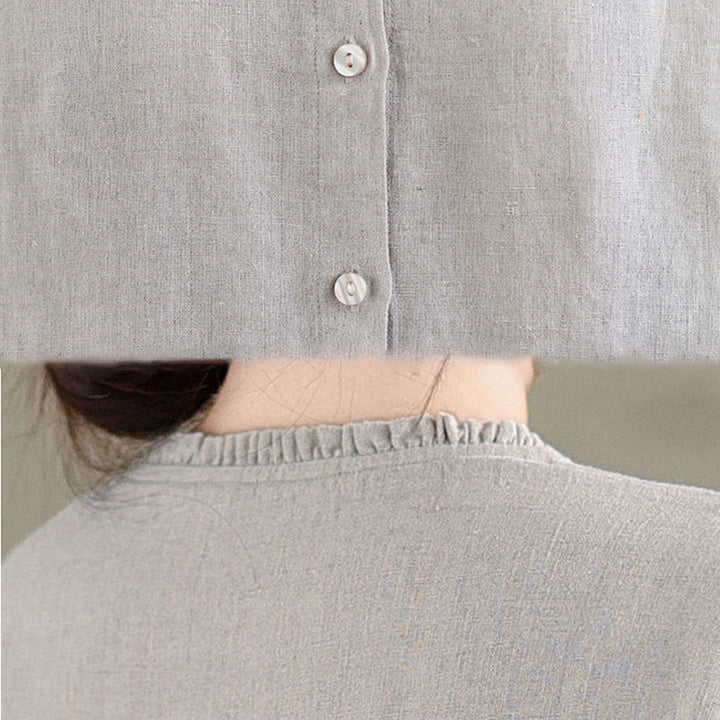 Camicia da donna in cotone e lino con scollo rotondo, motivo a bottoni tinta unita, motivo Buddha Stones Spring - image 15