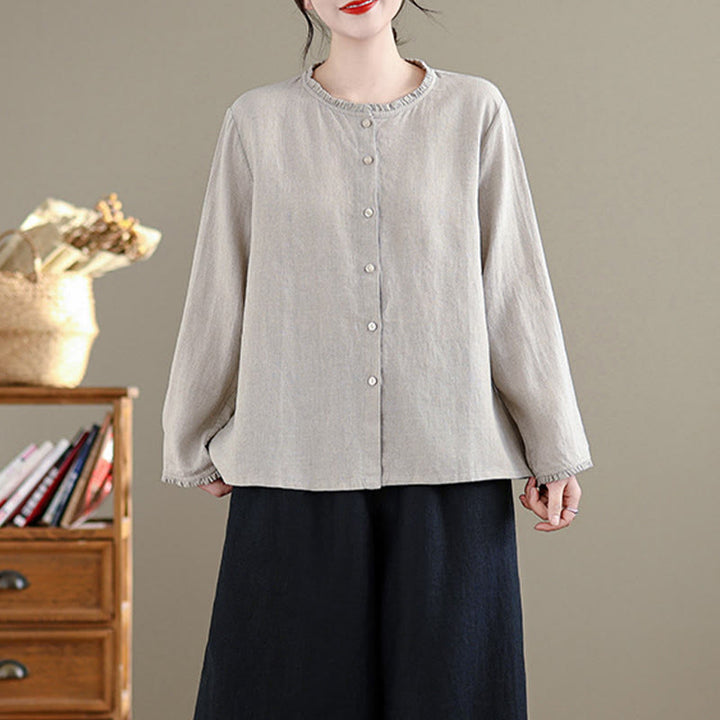 Camicia da donna con scollo rotondo e volant, tinta unita, con motivo Buddha Stones stampa primaverile. - image 6