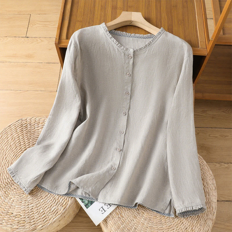 Camicia da donna con scollo rotondo e volant, tinta unita, con motivo Buddha Stones stampa primaverile. - Argento - US14, UK/AU18, EU46 (2XL) - image 5