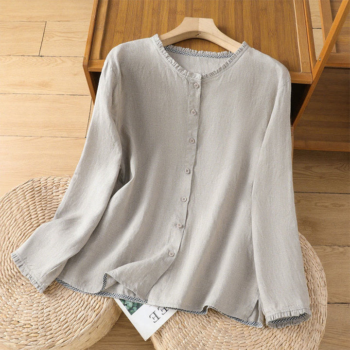 Camicia da donna con scollo rotondo e volant, tinta unita, con motivo Buddha Stones stampa primaverile. - Argento - US14, UK/AU18, EU46 (2XL) - image 5