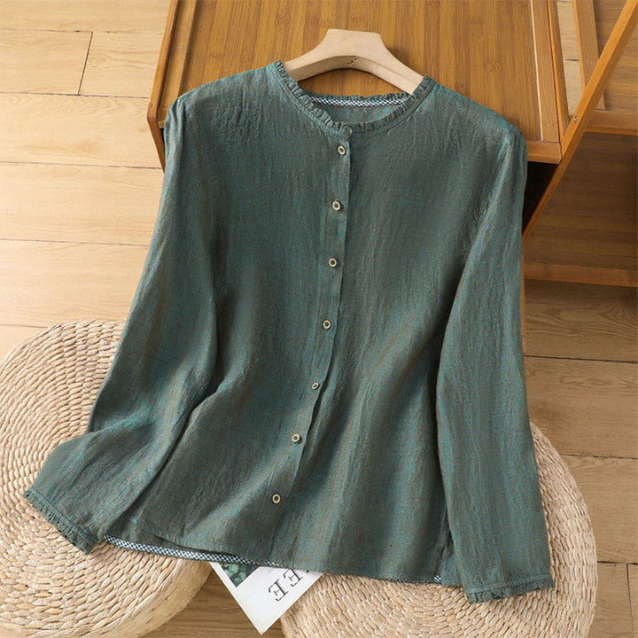 Camicia da donna con scollo rotondo e volant, tinta unita, con motivo Buddha Stones stampa primaverile. - Verde mare - US14, UK/AU18, EU46 (2XL) - image 0