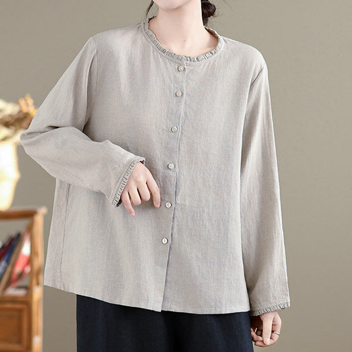 Camicia da donna con scollo rotondo e volant, tinta unita, con motivo Buddha Stones stampa primaverile. - image 8