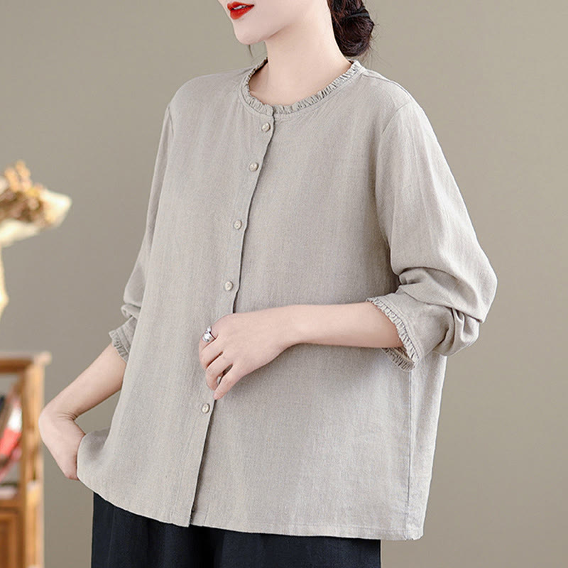 Camicia da donna con scollo rotondo e volant, tinta unita, con motivo Buddha Stones stampa primaverile. - image 9