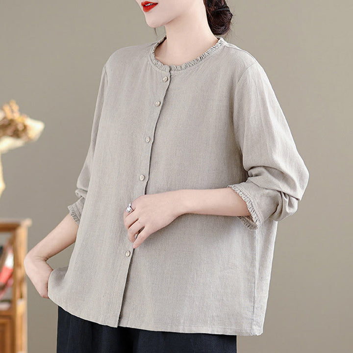 Camicia da donna con scollo rotondo e volant, tinta unita, con motivo Buddha Stones stampa primaverile. - image 9