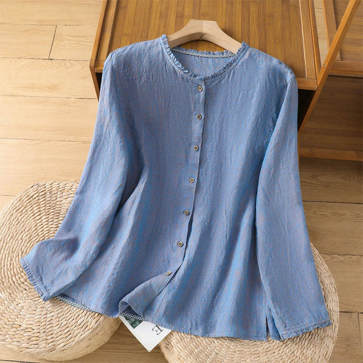 Camicia da donna in cotone e lino con scollo rotondo, motivo a bottoni tinta unita, motivo Buddha Stones Spring - FiordalisoBlu - US14, UK/AU18, EU46 (2XL) - image 17