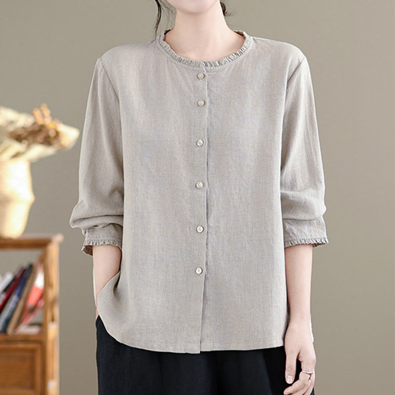 Camicia da donna in cotone e lino con scollo rotondo, motivo a bottoni tinta unita, motivo Buddha Stones Spring - image 11