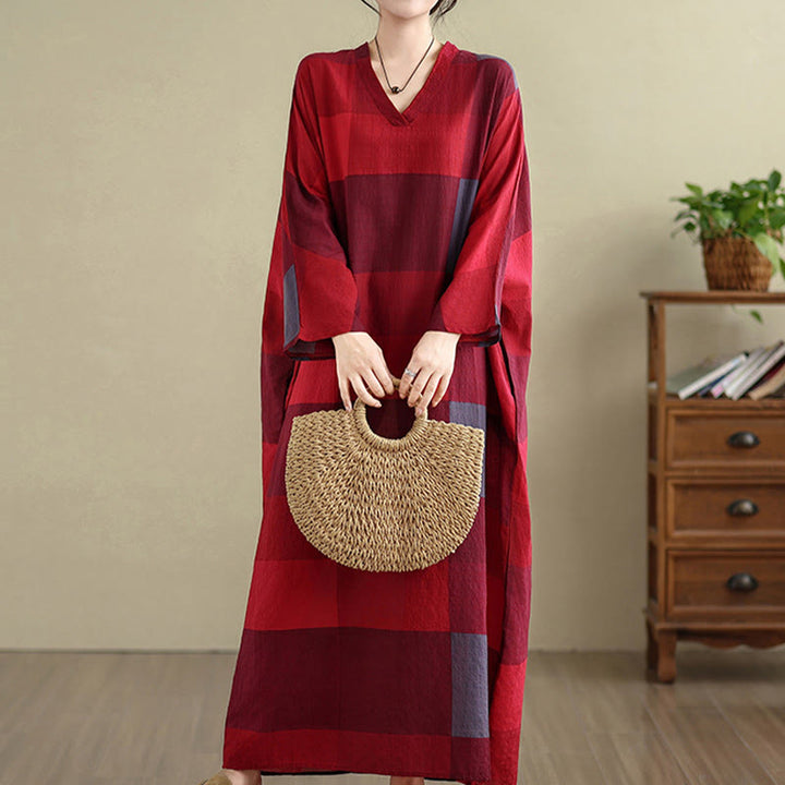 Abito lungo da donna in cotone e lino con motivo a quadri intrecciati Buddha Stones e tasche - Mattoni refrattari - US4， UK/AU8，EU36-44 (F) - image 6