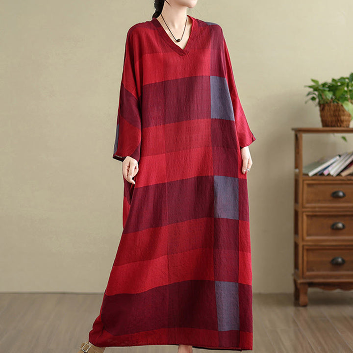 Abito lungo da donna in cotone e lino con motivo a quadri intrecciati Buddha Stones e tasche - image 12