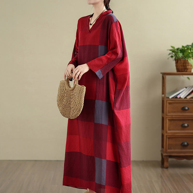 Abito lungo da donna in cotone e lino con motivo a quadri intrecciati Buddha Stones e tasche - image 11