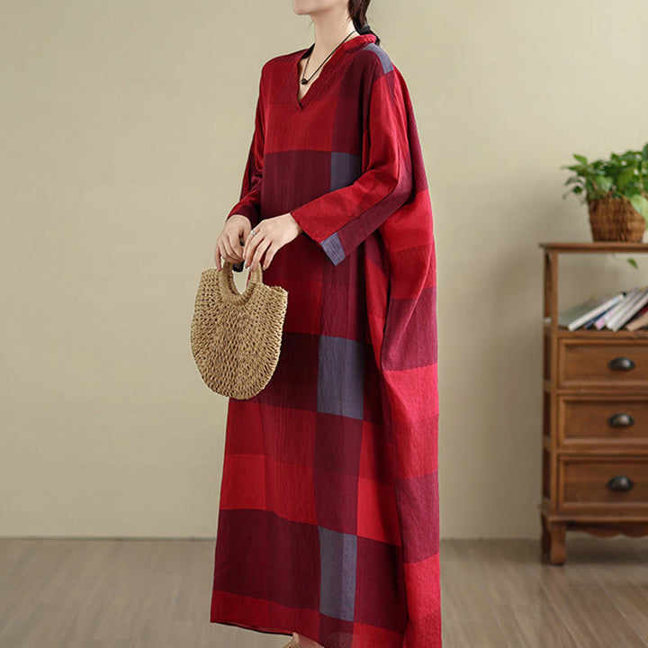 Abito lungo da donna in cotone e lino con motivo a quadri intrecciati Buddha Stones e tasche - image 11