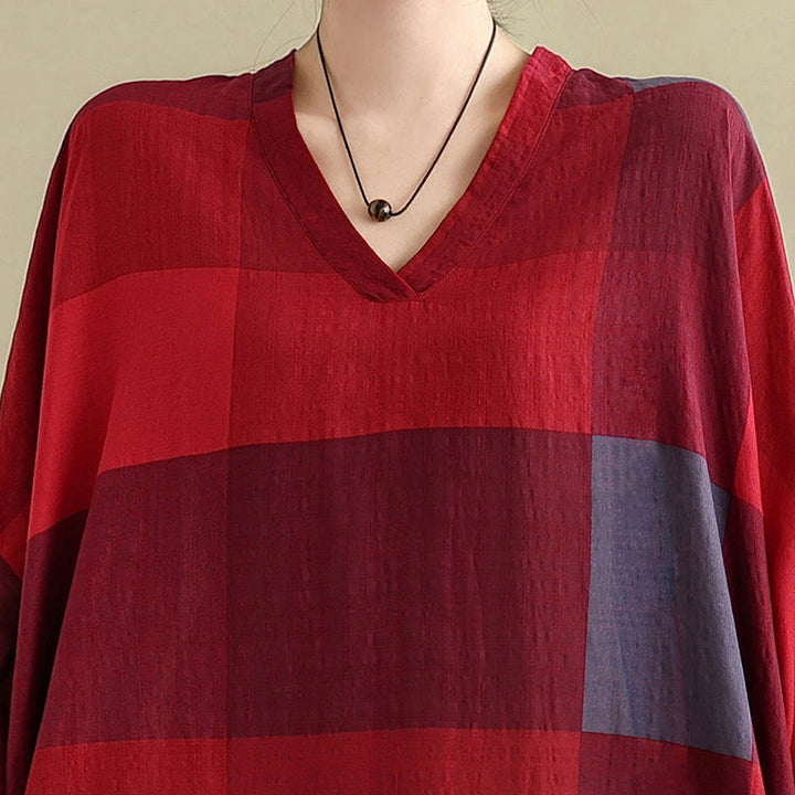 Abito lungo da donna in cotone e lino con motivo a quadri intrecciati Buddha Stones e tasche - image 15