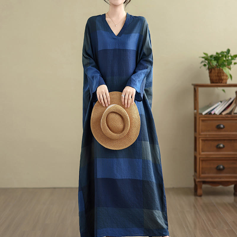 Abito lungo da donna in cotone e lino con motivo a quadri intrecciati Buddha Stones e tasche - Blu notte - US4， UK/AU8，EU36-44 (F) - image 17