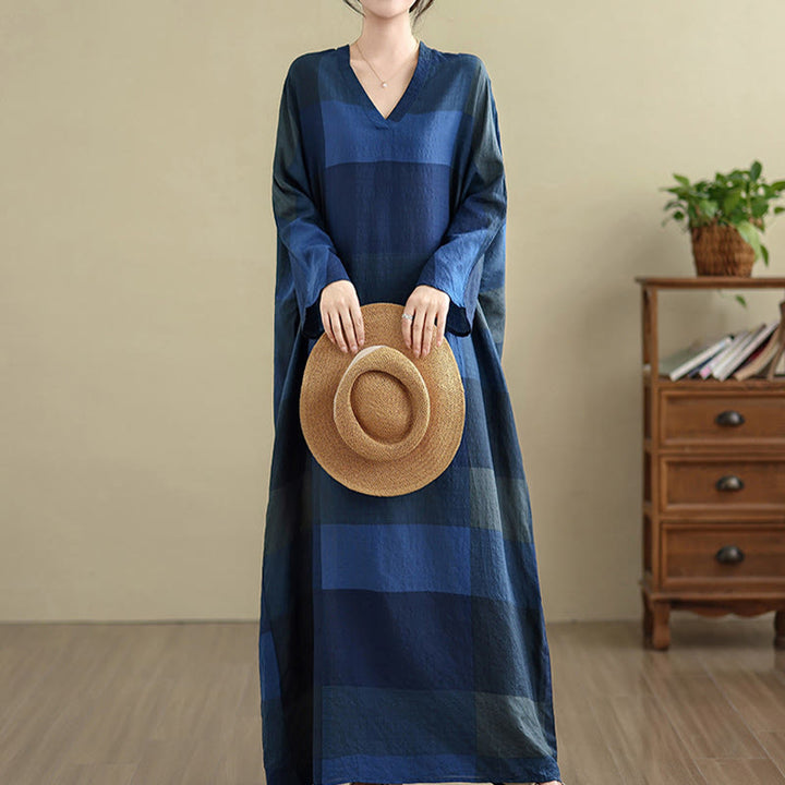 Abito lungo da donna in cotone e lino con motivo a quadri intrecciati Buddha Stones e tasche - Blu notte - US4， UK/AU8，EU36-44 (F) - image 17