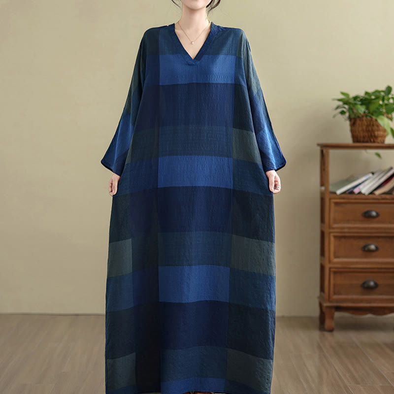Abito lungo da donna in cotone e lino con motivo a quadri intrecciati Buddha Stones e tasche - image 19