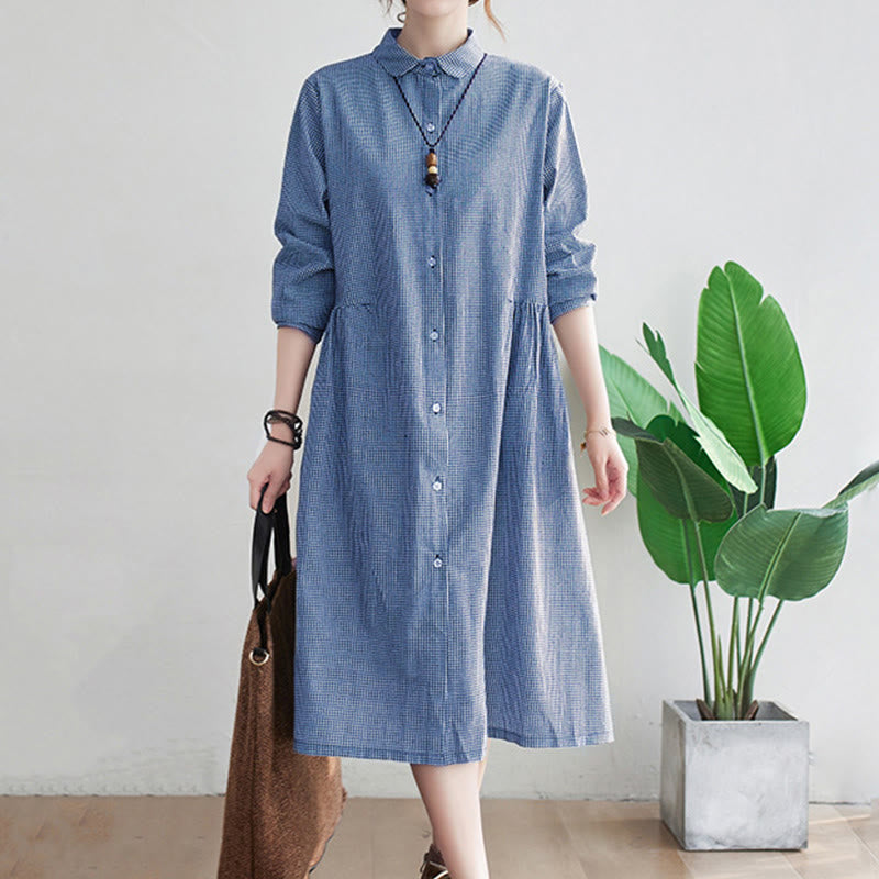 Abito midi da donna in cotone e lino con piccole griglie e tasche, motivo Buddha Stones - FiordalisoBlu - US8-10, UK/AU12-14, EU40-42 (2XL) - image 1