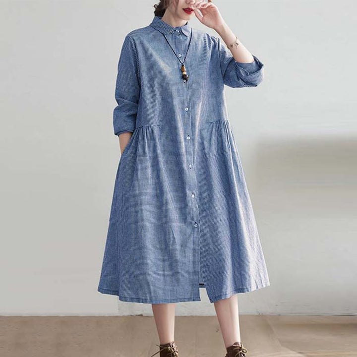 Abito midi da donna in cotone e lino con piccole griglie e tasche, motivo Buddha Stones - image 3