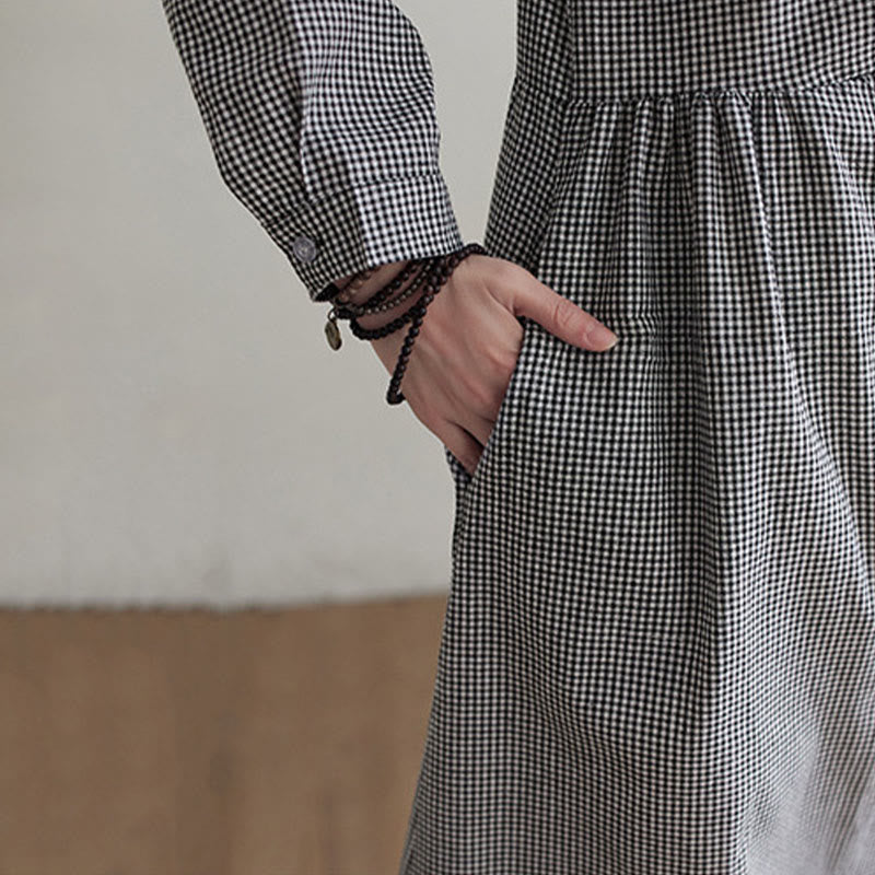 Abito midi da donna in cotone e lino con piccole griglie e tasche, motivo Buddha Stones - image 15