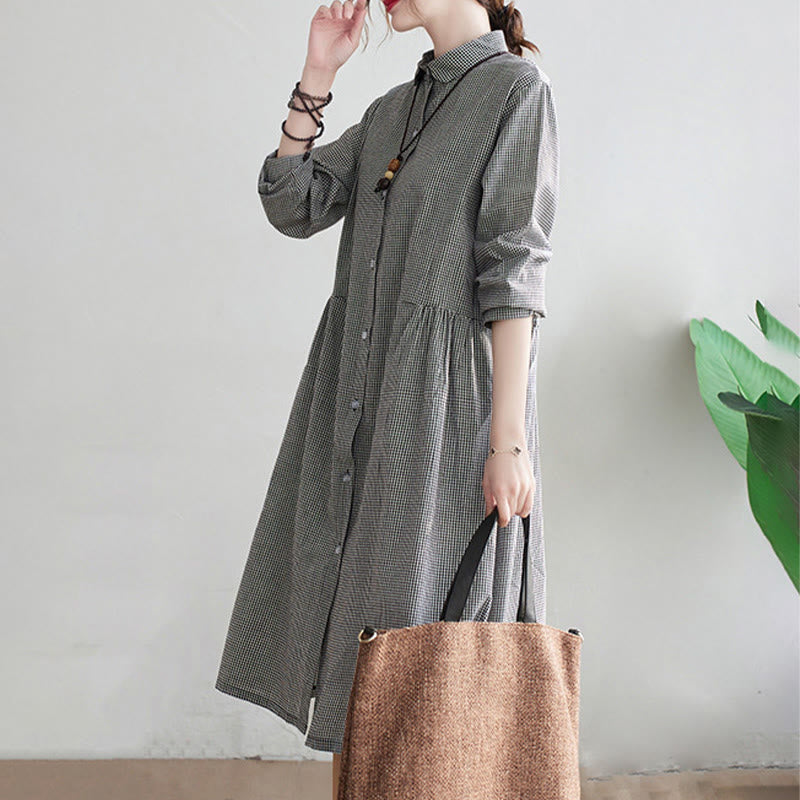 Abito midi da donna in cotone e lino con piccole griglie e tasche, motivo Buddha Stones - image 13