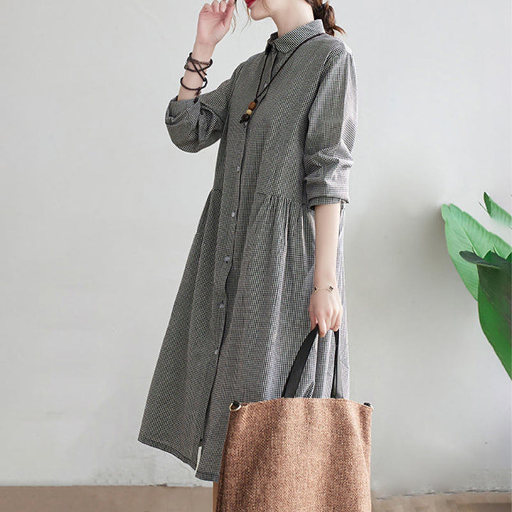 Abito midi da donna in cotone e lino con piccole griglie e tasche, motivo Buddha Stones - image 13
