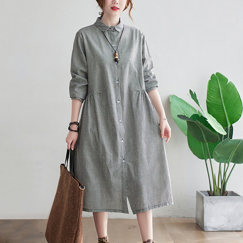 Abito midi da donna in cotone e lino con piccole griglie e tasche, motivo Buddha Stones - image 10
