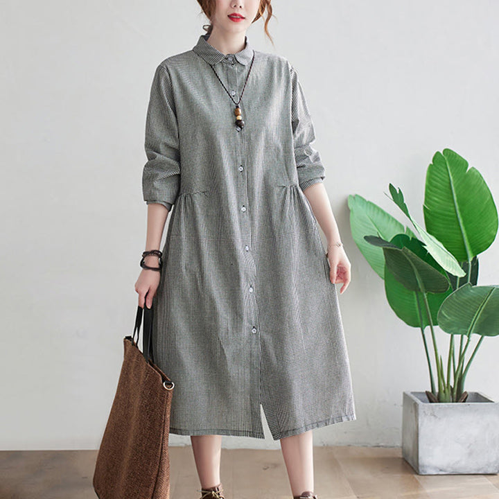 Abito midi da donna in cotone e lino con piccole griglie e tasche, motivo Buddha Stones - image 10