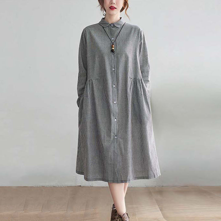 Abito midi da donna in cotone e lino con piccole griglie e tasche, motivo Buddha Stones - Grigio ardesia chiaro - US8-10, UK/AU12-14, EU40-42 (2XL) - image 4