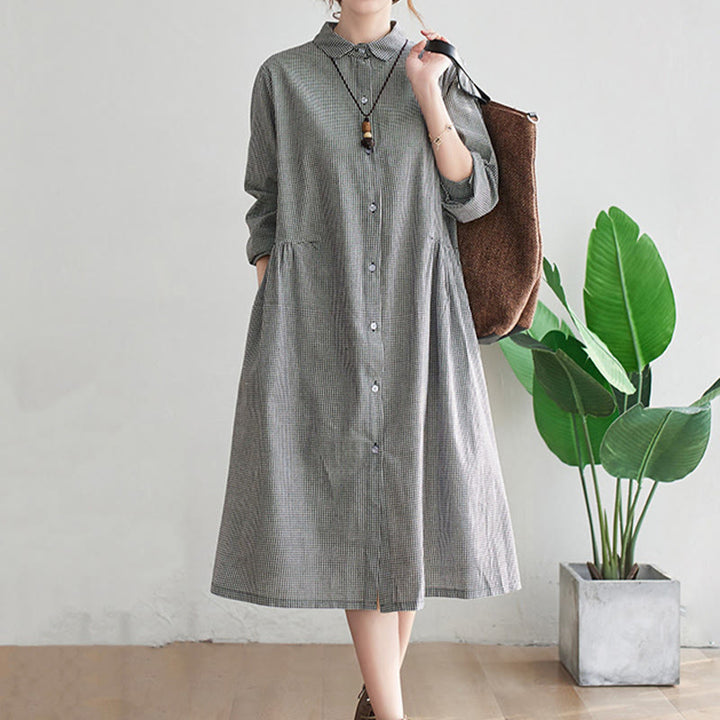 Abito midi da donna in cotone e lino con piccole griglie e tasche, motivo Buddha Stones - image 9