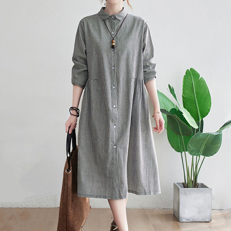 Abito midi da donna in cotone e lino con piccole griglie e tasche, motivo Buddha Stones - image 8