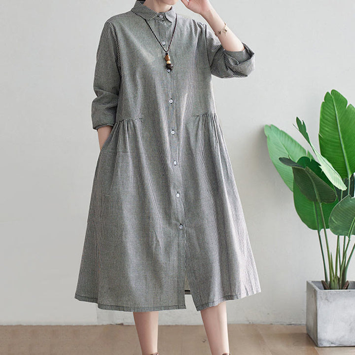 Abito midi da donna in cotone e lino con piccole griglie e tasche, motivo Buddha Stones - image 7