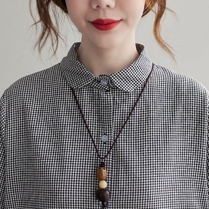 Abito midi da donna in cotone e lino con piccole griglie e tasche, motivo Buddha Stones - image 18