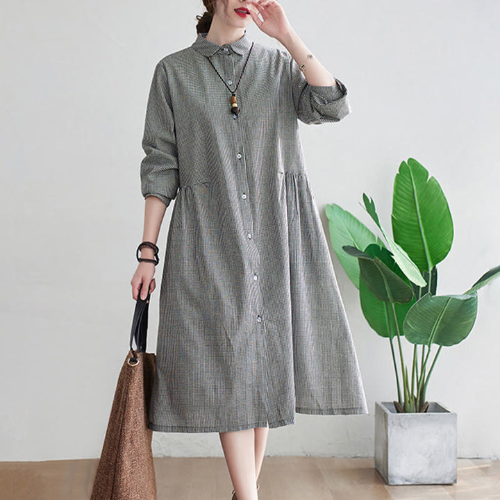 Abito midi da donna in cotone e lino con piccole griglie e tasche, motivo Buddha Stones - image 11