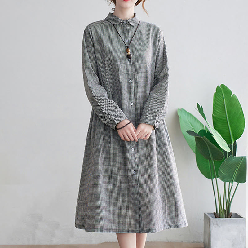 Abito midi da donna in cotone e lino con piccole griglie e tasche, motivo Buddha Stones - image 12