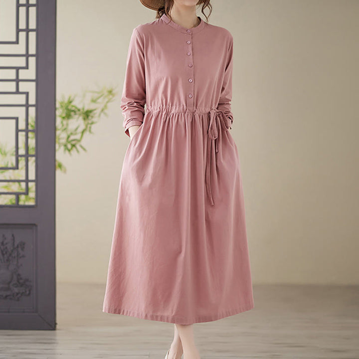 Abito midi casual in lino e cotone con scollo rotondo e lacci, con tasche, Buddha Stones - Rosa - US8-10, UK/AU12-14, EU40-42 (2XL) - image 12