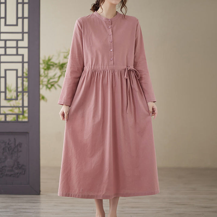 Abito midi casual in lino e cotone con scollo rotondo e lacci, con tasche, Buddha Stones - image 16
