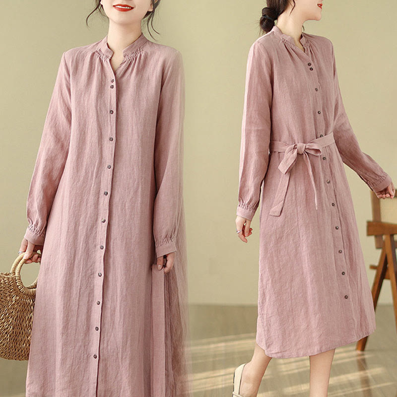Abito midi casual in lino e cotone con coulisse e bottoni, con tasche, Buddha Stones - Rosa - US14, UK/AU18, EU46 (2XL) - image 1