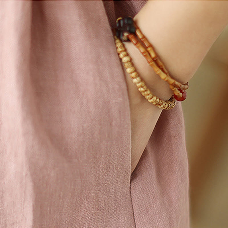 Abito midi casual in lino e cotone con coulisse e bottoni, con tasche, Buddha Stones - image 9