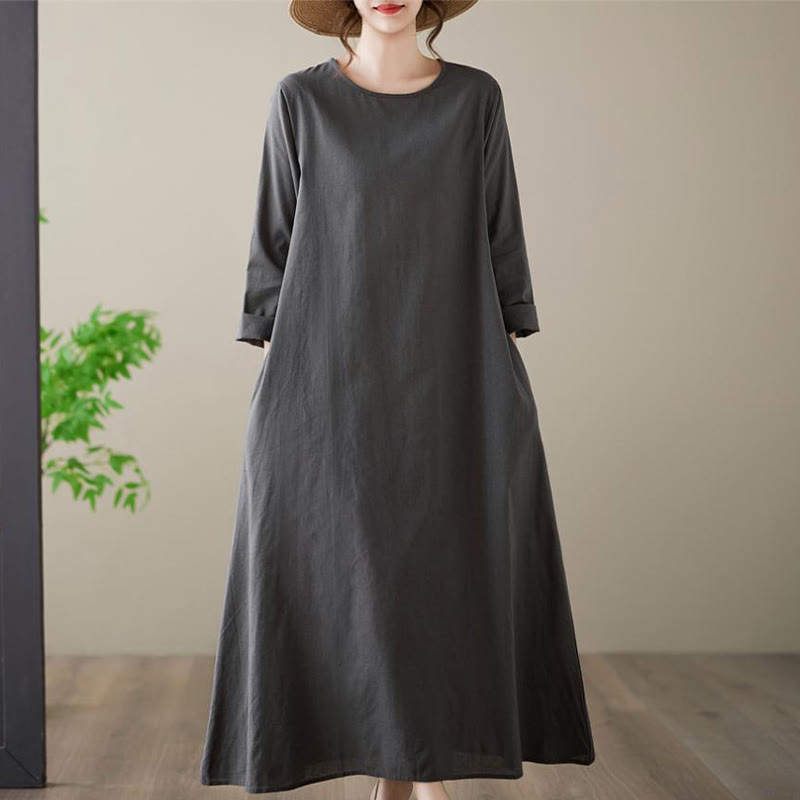 Abito midi casual in cotone e lino con scollo rotondo e tasche Buddha Stones - Grigio scuro - US14, UK/AU18, EU46 (3XL) - image 1