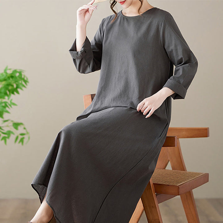 Abito midi casual in cotone e lino con scollo rotondo e tasche Buddha Stones - image 7