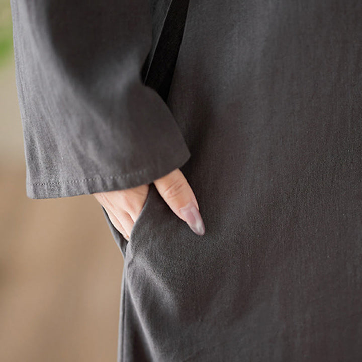 Abito midi casual in cotone e lino con scollo rotondo e tasche Buddha Stones - image 9