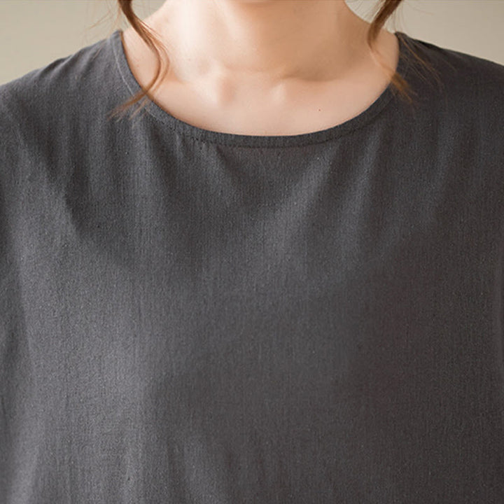 Abito midi casual in cotone e lino con scollo rotondo e tasche Buddha Stones - image 10