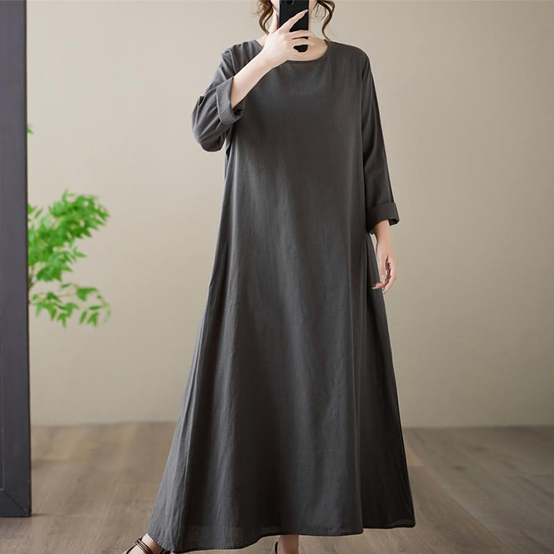 Abito midi casual in cotone e lino con scollo rotondo e tasche Buddha Stones - image 5