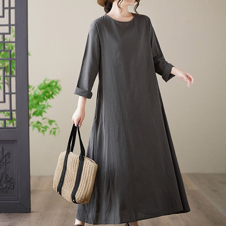 Abito midi casual in cotone e lino con scollo rotondo e tasche Buddha Stones - image 6